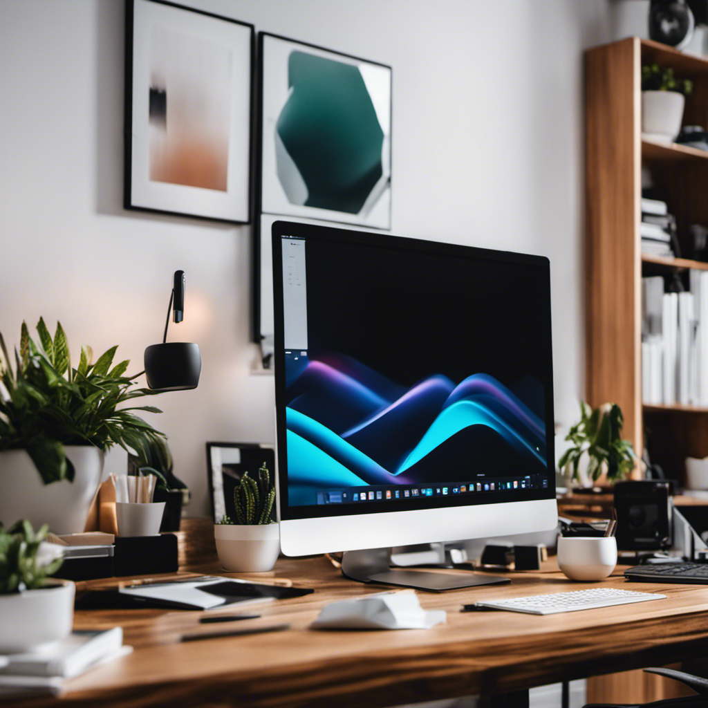 An image showcasing a sleek home office setup with a modern computer, stylish desk accessories, and a vibrant mood board displaying diverse blog topics