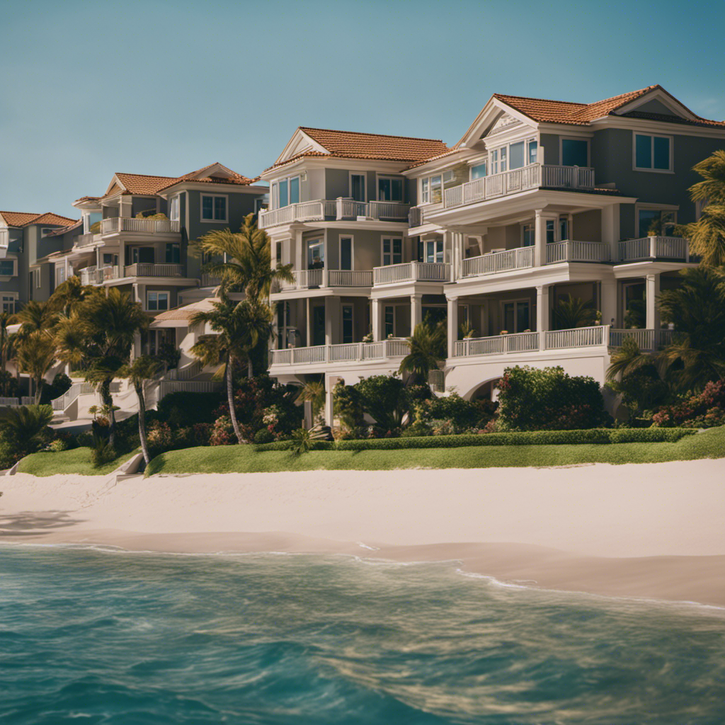 An image showcasing a diverse array of rental properties, including a luxurious beachfront villa, a trendy downtown apartment complex, and a charming suburban townhouse, highlighting the profitability of the rental property industry