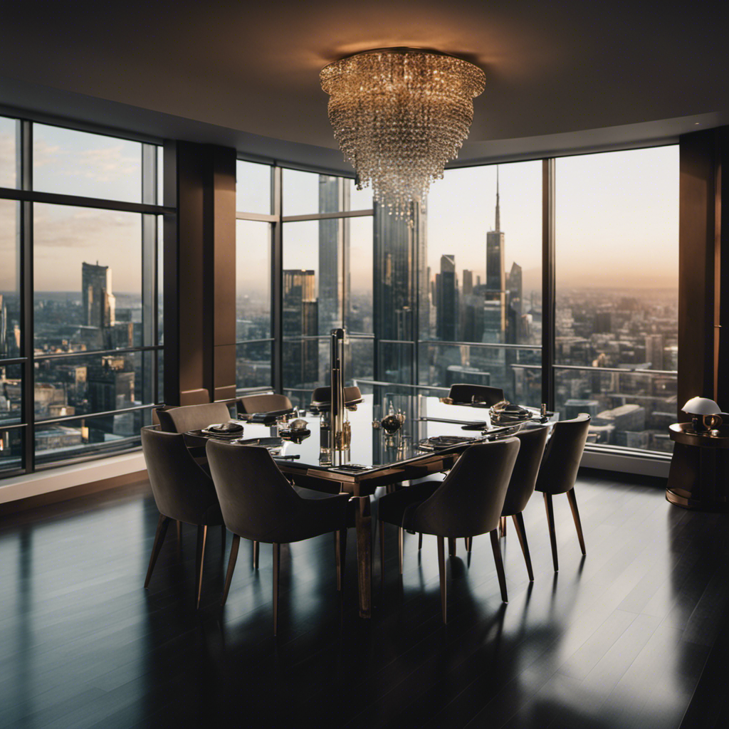 An image showcasing a luxurious penthouse, overlooking a glistening city skyline