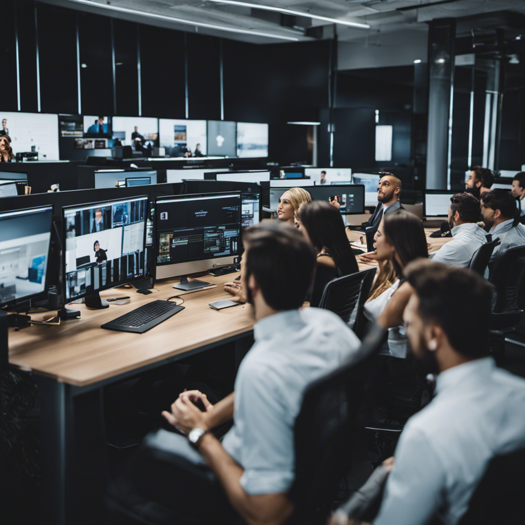 An image capturing the bustling energy of a modern office, displaying a team of social media experts intently engaged in strategizing, content creation, and data analysis, reflecting the thriving world of profitable social media management