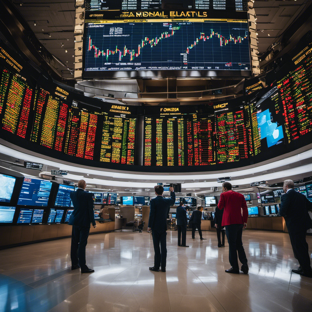 An image showcasing a bustling stock market floor, with traders wearing vibrant-colored jackets, gesturing and exchanging money