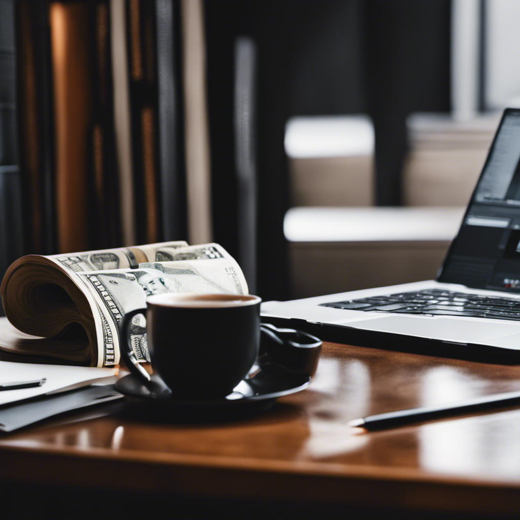 An image showcasing a sleek workspace with a laptop, coffee mug, and a stack of money beside a notepad filled with diverse writing projects