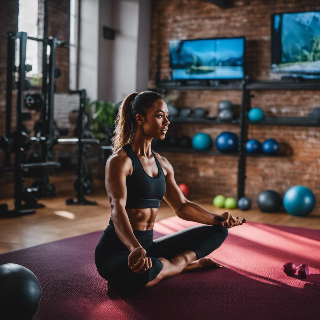 An image showcasing a vibrant digital landscape with a diverse array of individuals engaging in online fitness training: a yoga practitioner in a serene setting, a weightlifter in a virtual gym, and a runner on a digital track, representing the lucrative world of online fitness training