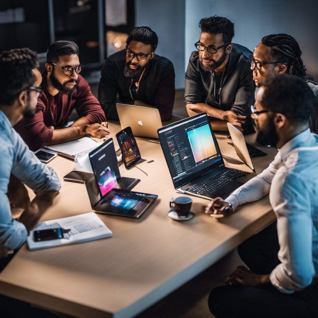An image showcasing a diverse team of app developers, huddled around a conference table, passionately discussing ideas with laptops, smartphones, and colorful wireframe sketches, symbolizing the thriving and lucrative world of app development
