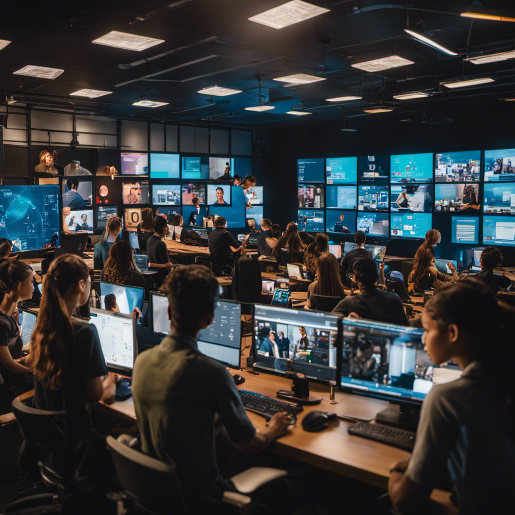 An image featuring a diverse group of students engrossed in virtual lessons, surrounded by a backdrop of screens displaying various subjects like math, science, and languages