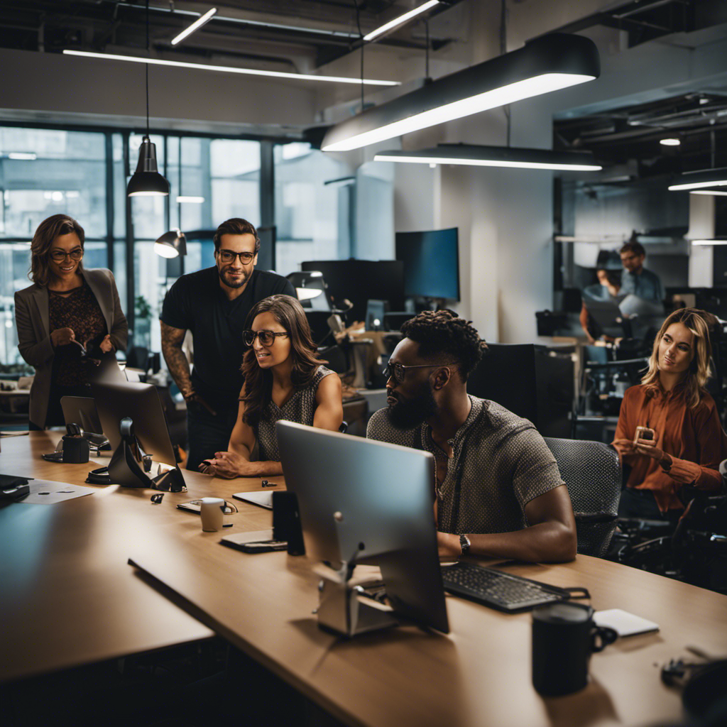 An image showcasing a diverse team of creative professionals collaborating in a modern, well-lit office space