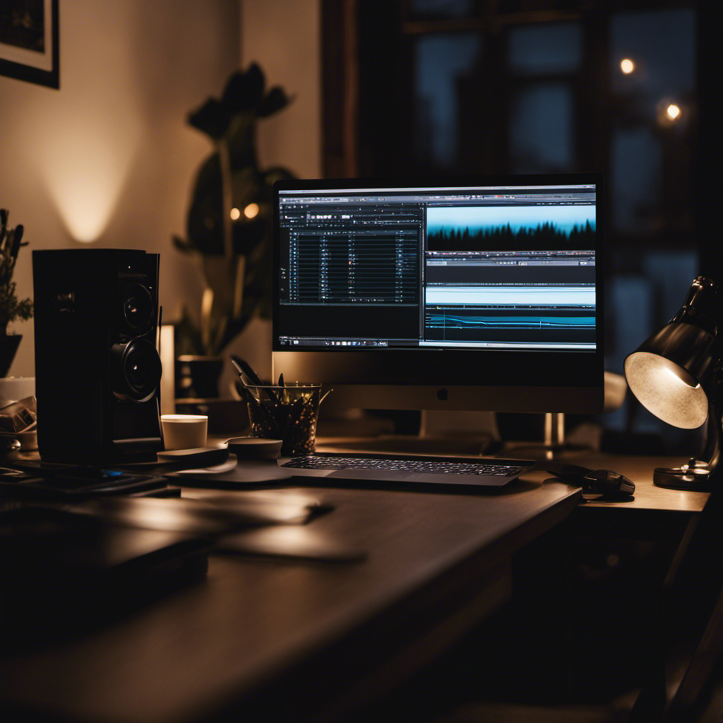 An image showcasing a serene bedroom at night, bathed in soft moonlight, with a laptop on a desk displaying a video editing software