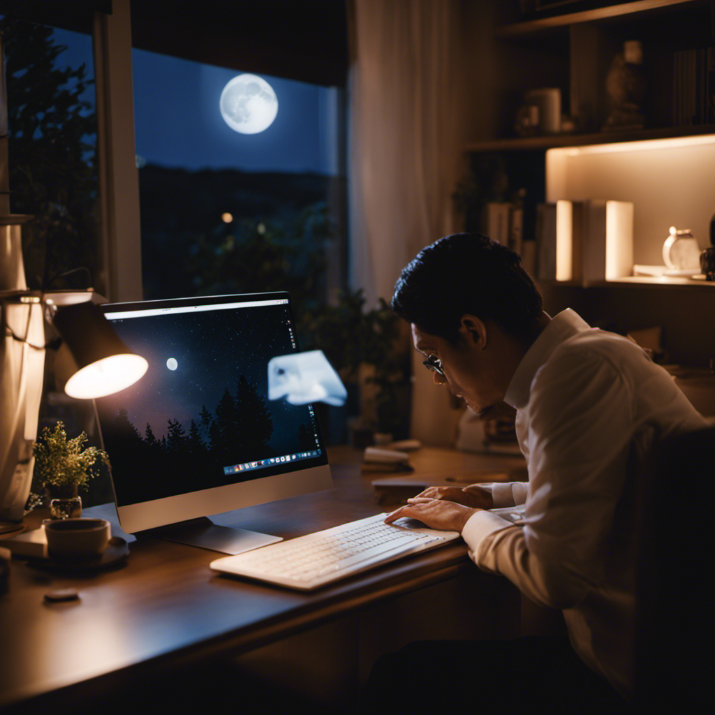 An image showcasing a serene home office bathed in soft moonlight, with a laptop open on a desk