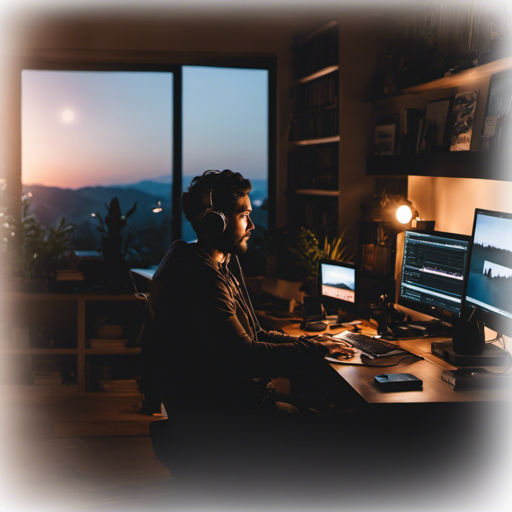 An image showcasing a podcast editor working in a cozy, dimly lit home office