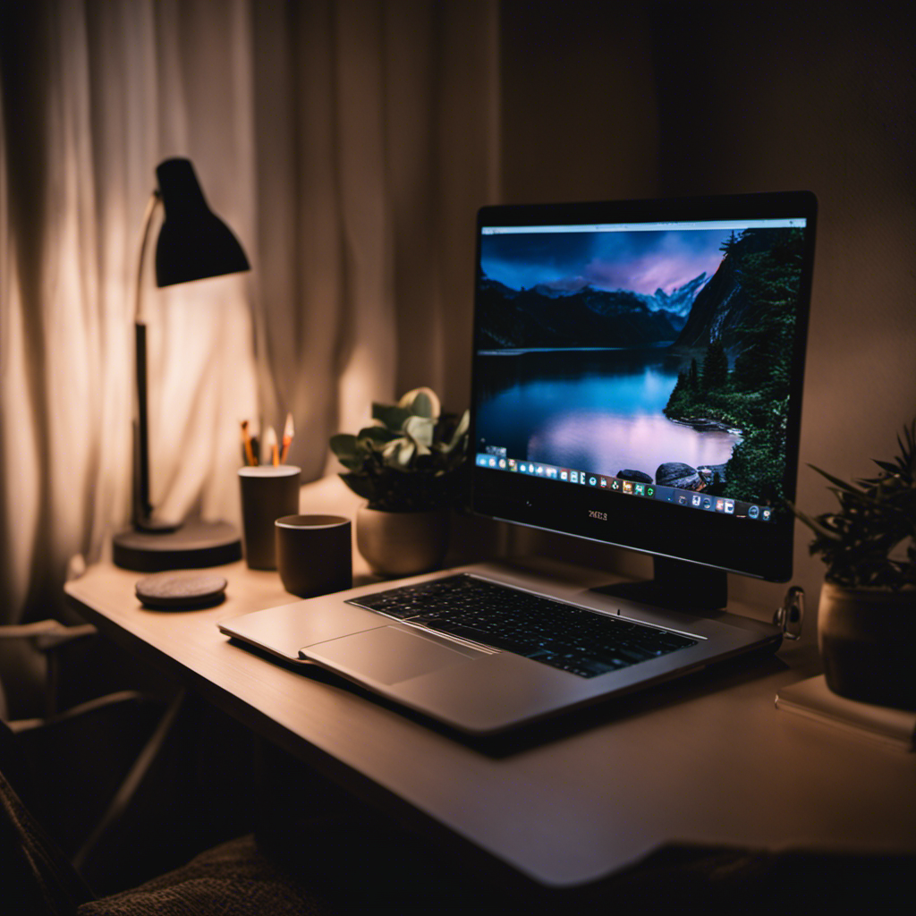 An image showcasing a cozy home office setup, with a laptop on a desk near a softly lit bedside table