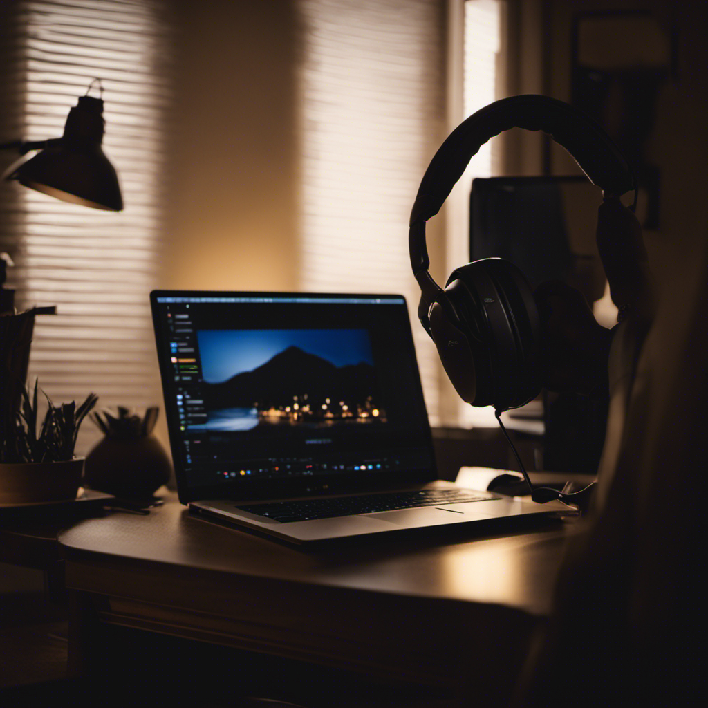 An image showcasing a cozy home office setup with a laptop, headset, and a dimly lit room