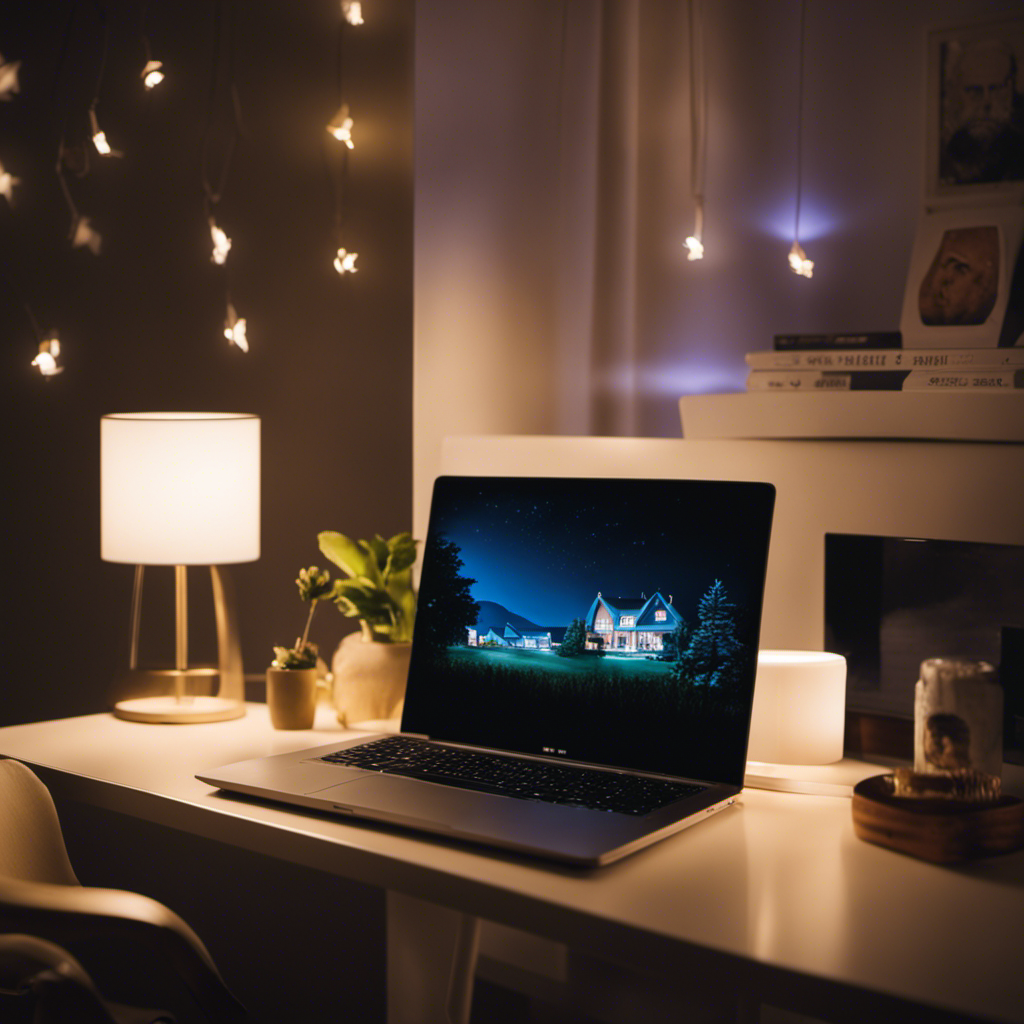 An image depicting a serene bedroom at night with a laptop on a desk, casting a soft glow