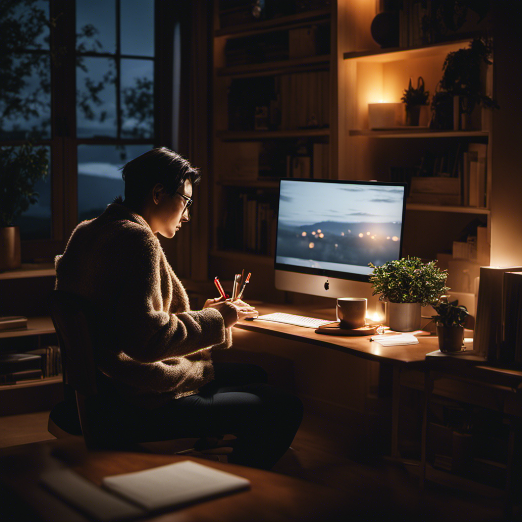 An image that showcases a serene moonlit scene, with a cozy home office illuminated by a soft glow, where a parent sits engrossed in translating documents, exemplifying the convenience and flexibility of remote night shift language translation jobs