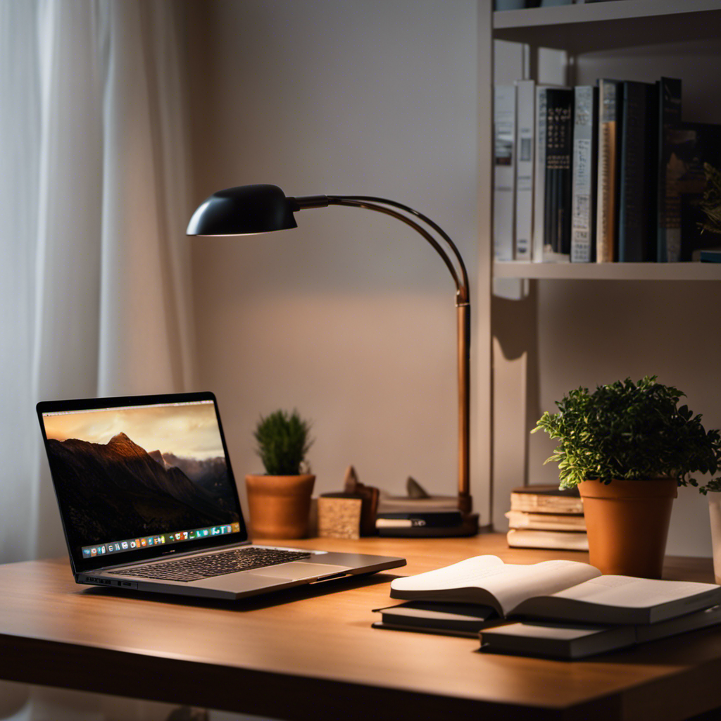An image showcasing a serene home office setup with a laptop, medical coding books, and a dimly lit lamp