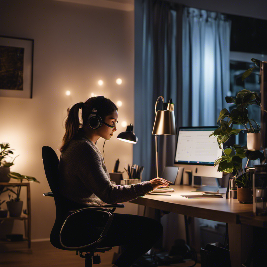 An image featuring a tranquil home office illuminated by a soft desk lamp