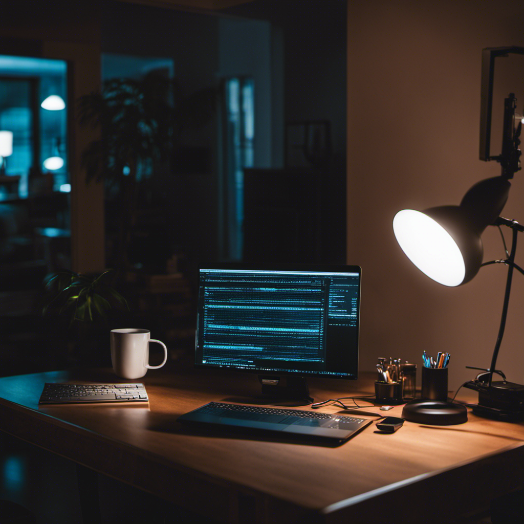 An image showcasing a serene living room at night, dimly lit by a desk lamp