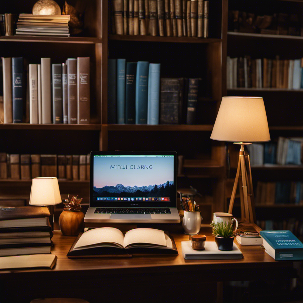 An image depicting a serene home office setup with a person organizing a virtual book club