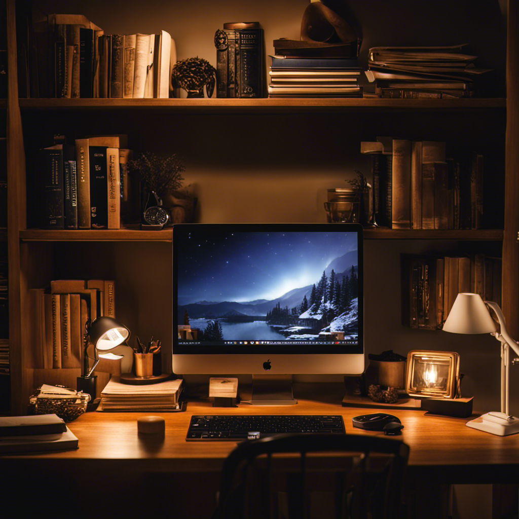 An image featuring a cozy home office setup, with a laptop surrounded by stacks of books and research materials