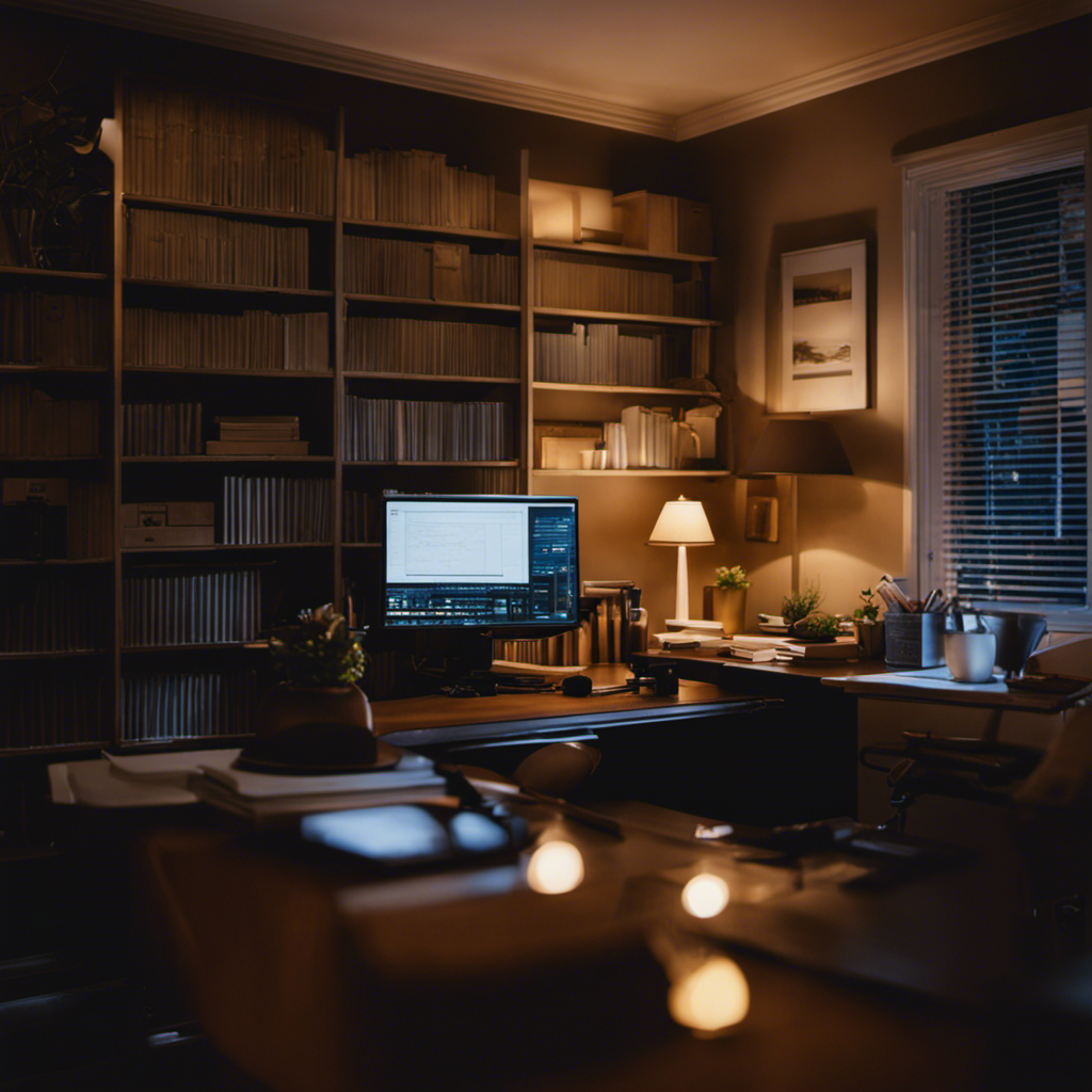 An image of a peaceful home office bathed in moonlight, showcasing a dedicated bookkeeper diligently working at their desk