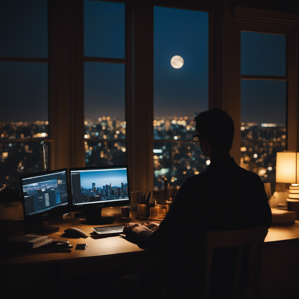 An image showcasing a cozy home office with dimmed lights, a laptop glowing softly, and a parent working on a night shift