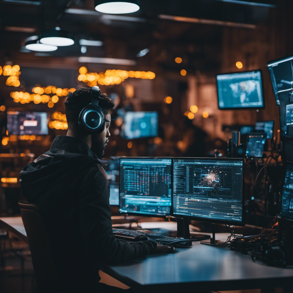 An image featuring a skilled app developer, immersed in coding on multiple screens, surrounded by futuristic gadgets and tools, showcasing the dynamic and high-demand nature of the best freelance jobs in 2023