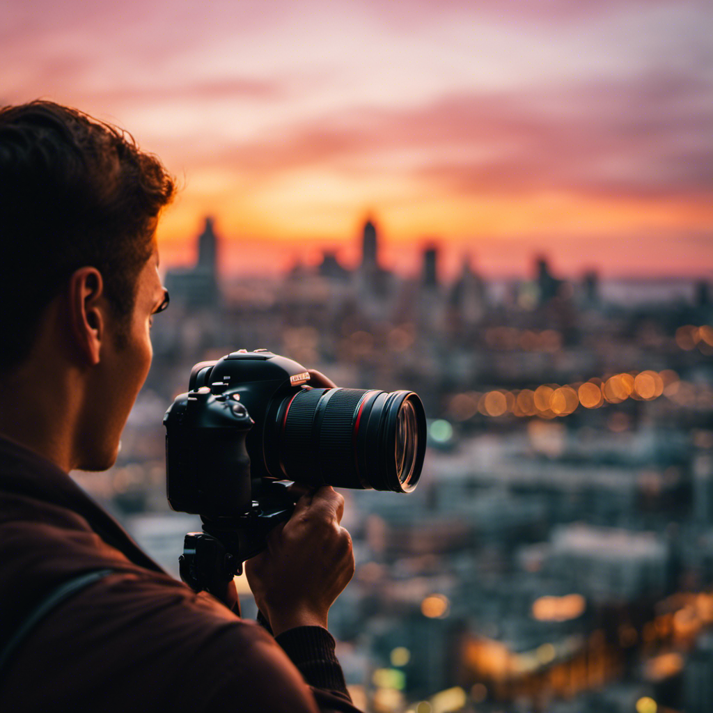 An image showcasing a freelance photographer capturing a vibrant cityscape at sunset, highlighting their creativity and versatility in capturing stunning visuals for clients in the ever-growing freelance photography industry