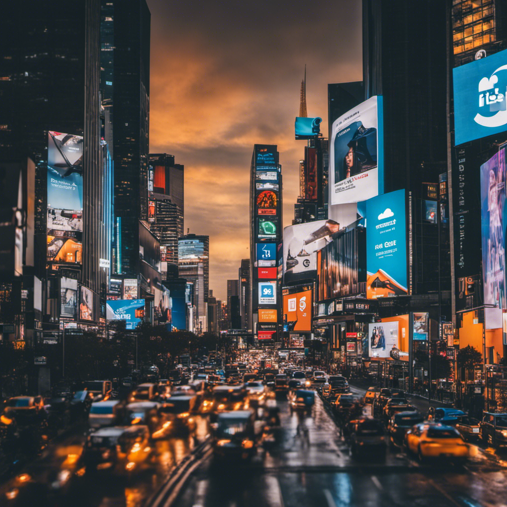 An image showcasing a bustling cityscape, with prominent billboards displaying social media icons, symbolizing the high demand for freelance social media marketing (SEO) jobs in 2023