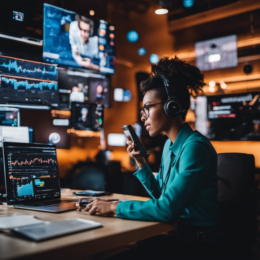 An image featuring a young, tech-savvy social media manager confidently multitasking on various devices, surrounded by vibrant social media icons and analytics charts, showcasing the lucrative demand for their skills in 2023