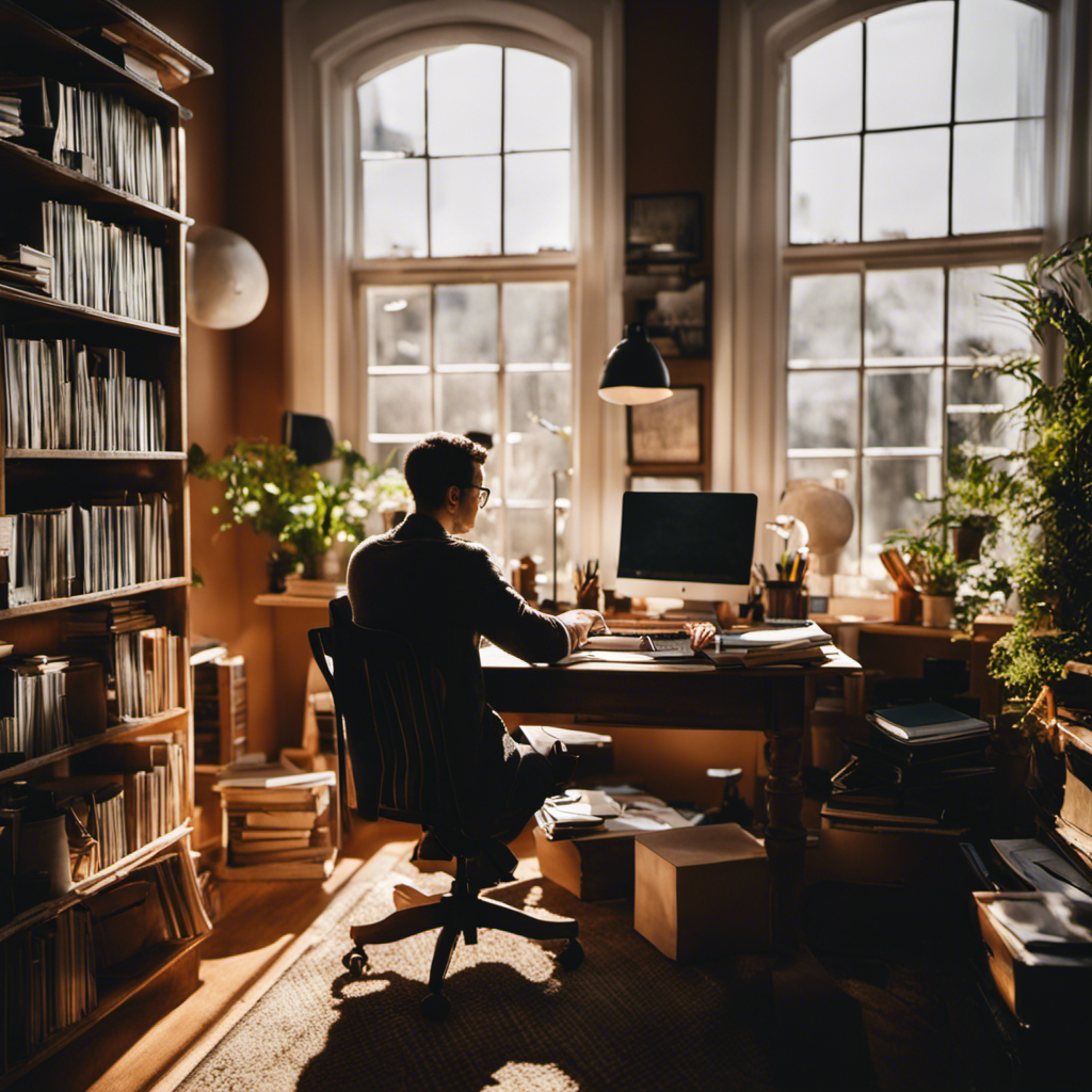 An image of a content writer immersed in a cozy home office, surrounded by stacks of books, a laptop, and a notebook filled with creative ideas