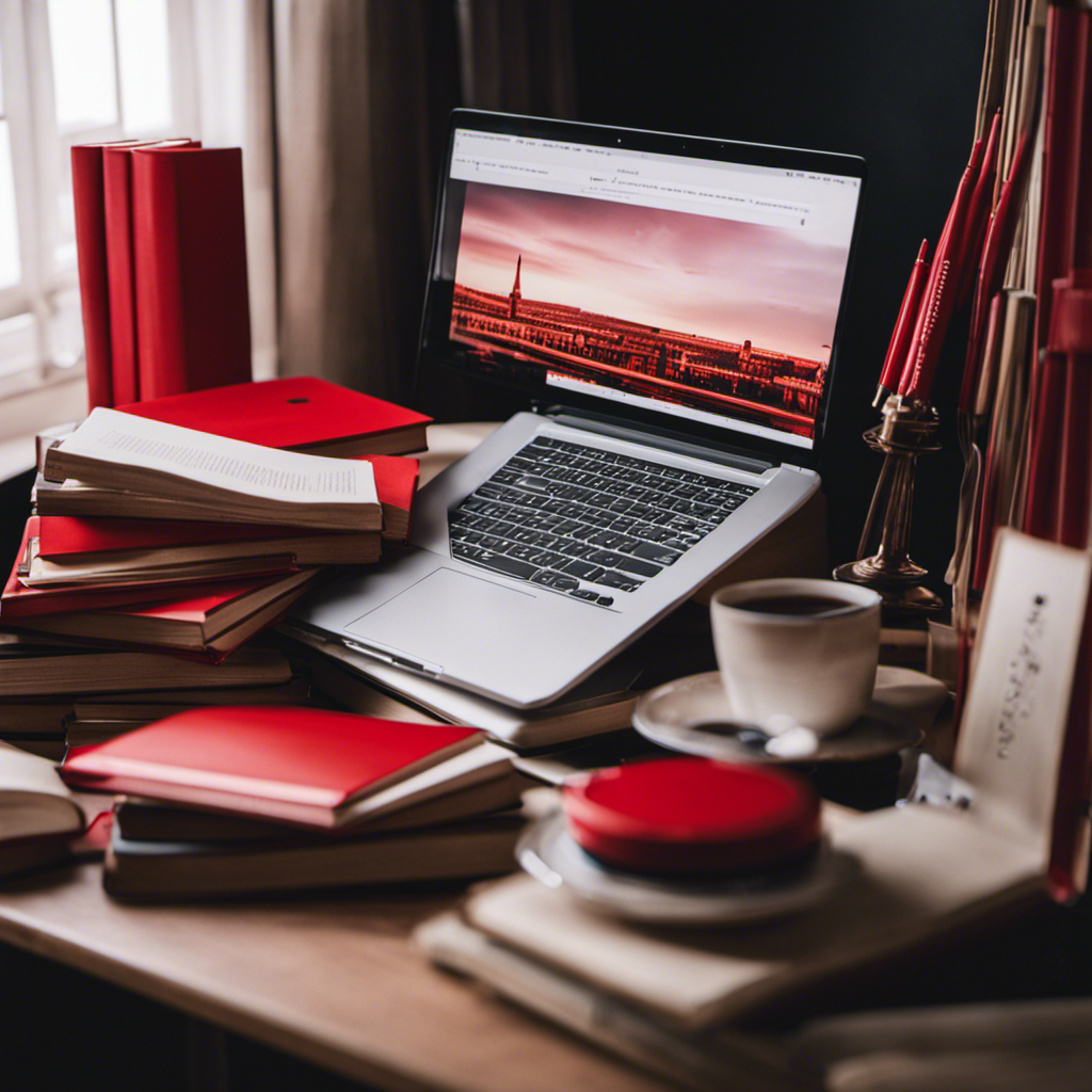 An image showcasing a serene workspace with a laptop, surrounded by stacks of books and a red pen, emphasizing the demand for proofreaders in 2023