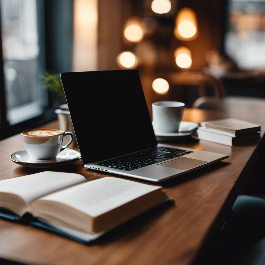 An image showcasing a modern workspace with a laptop, coffee cup, and a stack of books, surrounded by a warm and cozy atmosphere, symbolizing the thriving demand for freelance writers in 2023