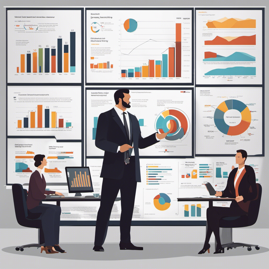 An image showcasing a well-dressed Sales Manager confidently presenting to a group of attentive professionals, surrounded by charts and graphs highlighting impressive sales growth
