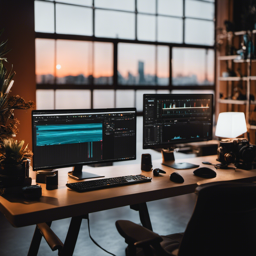 An image showcasing a busy video editing workspace, with a skilled professional meticulously crafting seamless transitions, color grading, and adding special effects, surrounded by state-of-the-art equipment and a vibrant editing timeline