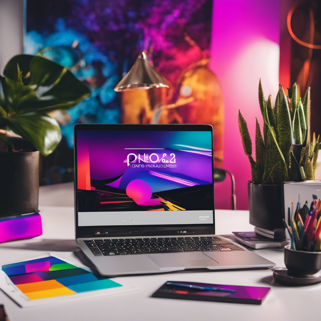 An image showcasing a modern workspace with a sleek laptop, a vibrant digital pen, and a color palette, surrounded by design elements like vector graphics, typography, and illustrations, reflecting the high demand for graphic designers in 2023