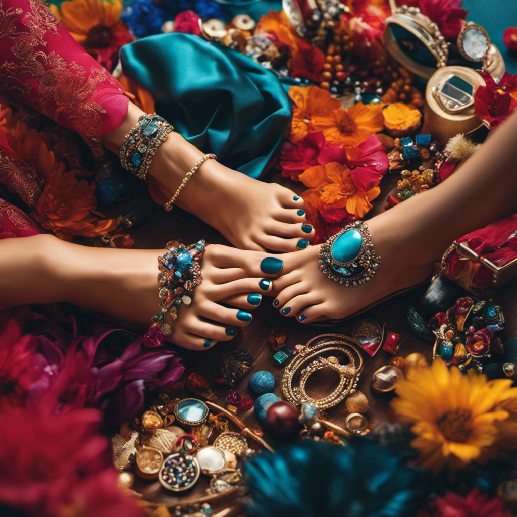 An image showcasing a collage of vibrant and diverse feet, elegantly adorned with various accessories, while surrounded by a digital interface displaying popular sites and apps for selling feet pics