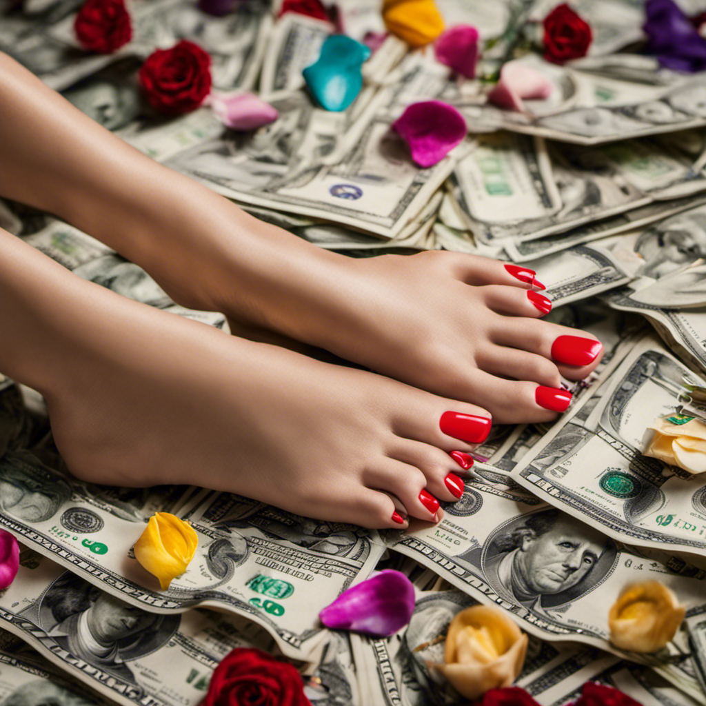 An image showcasing a diverse range of feet, adorned with vibrant nail polish, posed artistically on a backdrop of dollar bills