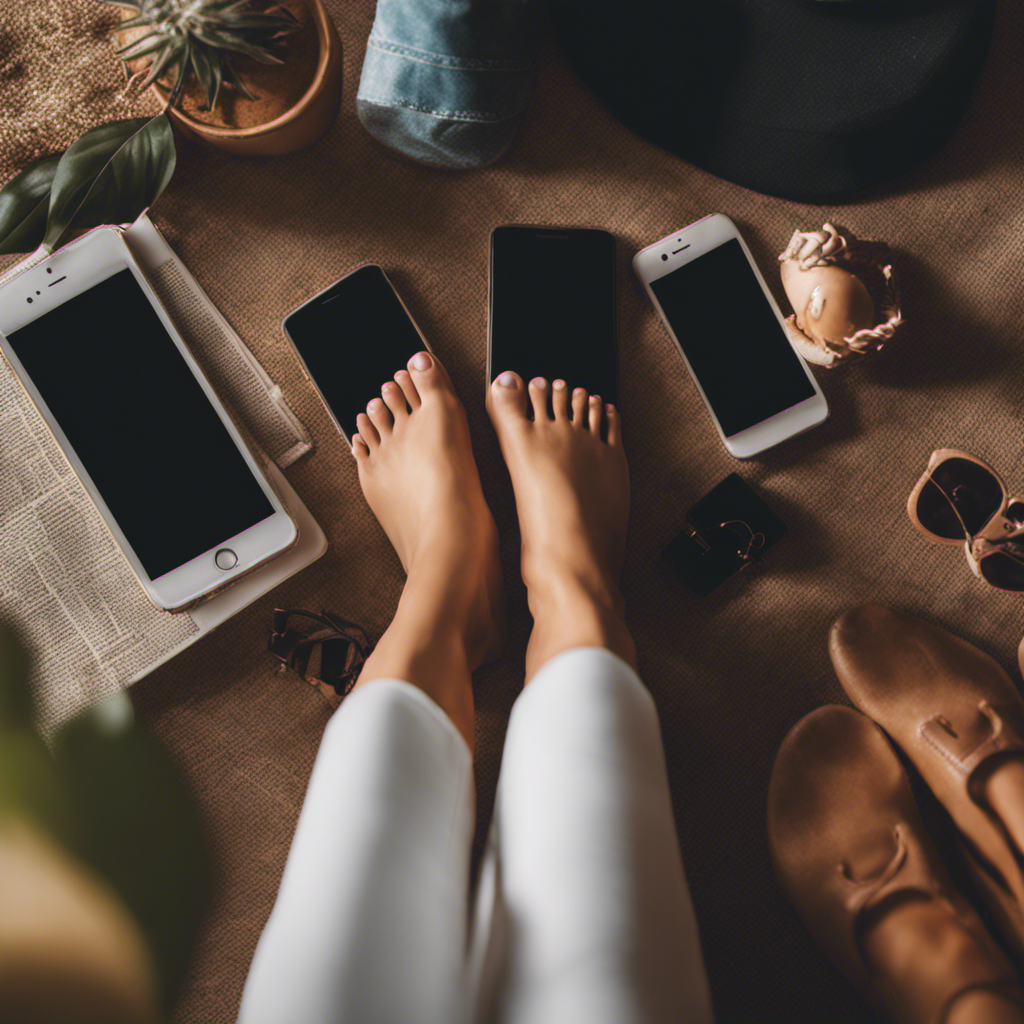 An image showcasing a diverse array of beautifully manicured feet in various poses, surrounded by smartphones displaying popular selling platforms like Feet Finder, illustrating the best sites and apps to sell feet pics