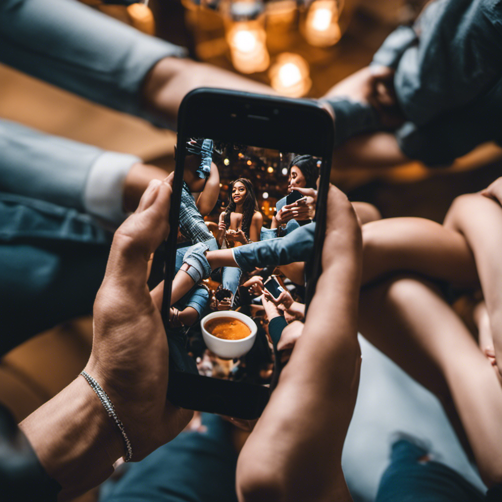 An image featuring a Reddit-themed background with a diverse group of individuals holding smartphones, showcasing their feet pictures on popular subreddits such as r/FeetPics4Sale, r/SellYourSole, and r/FeetPicSociety