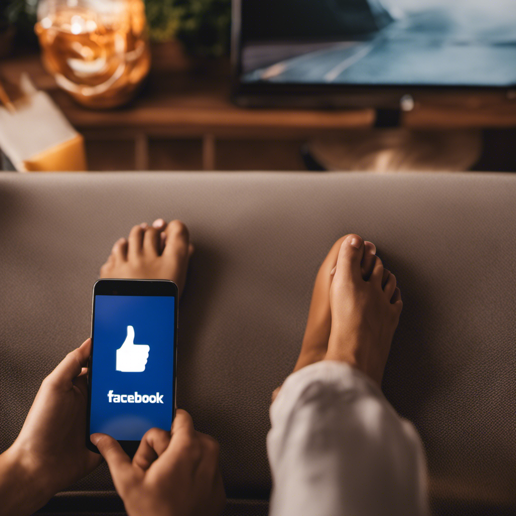 An image showcasing a smartphone screen displaying a Facebook app icon, with a user's feet picture on the screen