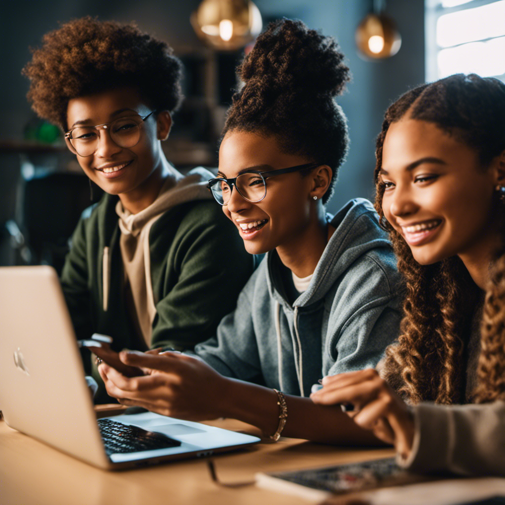 An image showcasing a diverse group of enthusiastic teens engaged in online surveys on their devices, portraying them happily earning money with Pinecone Research