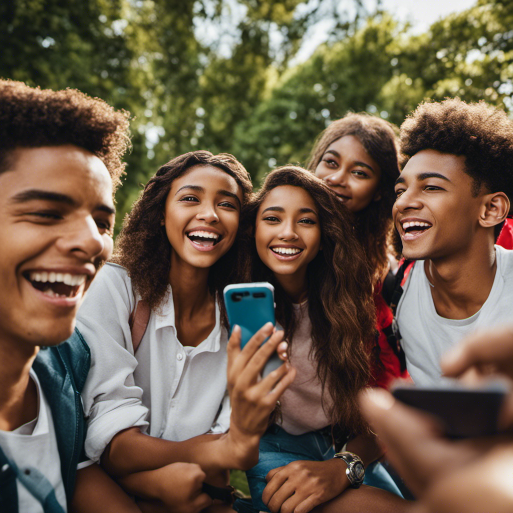 An image showcasing a vibrant, diverse group of enthusiastic teenagers engaged in completing YouGov surveys on their smartphones, earning money daily