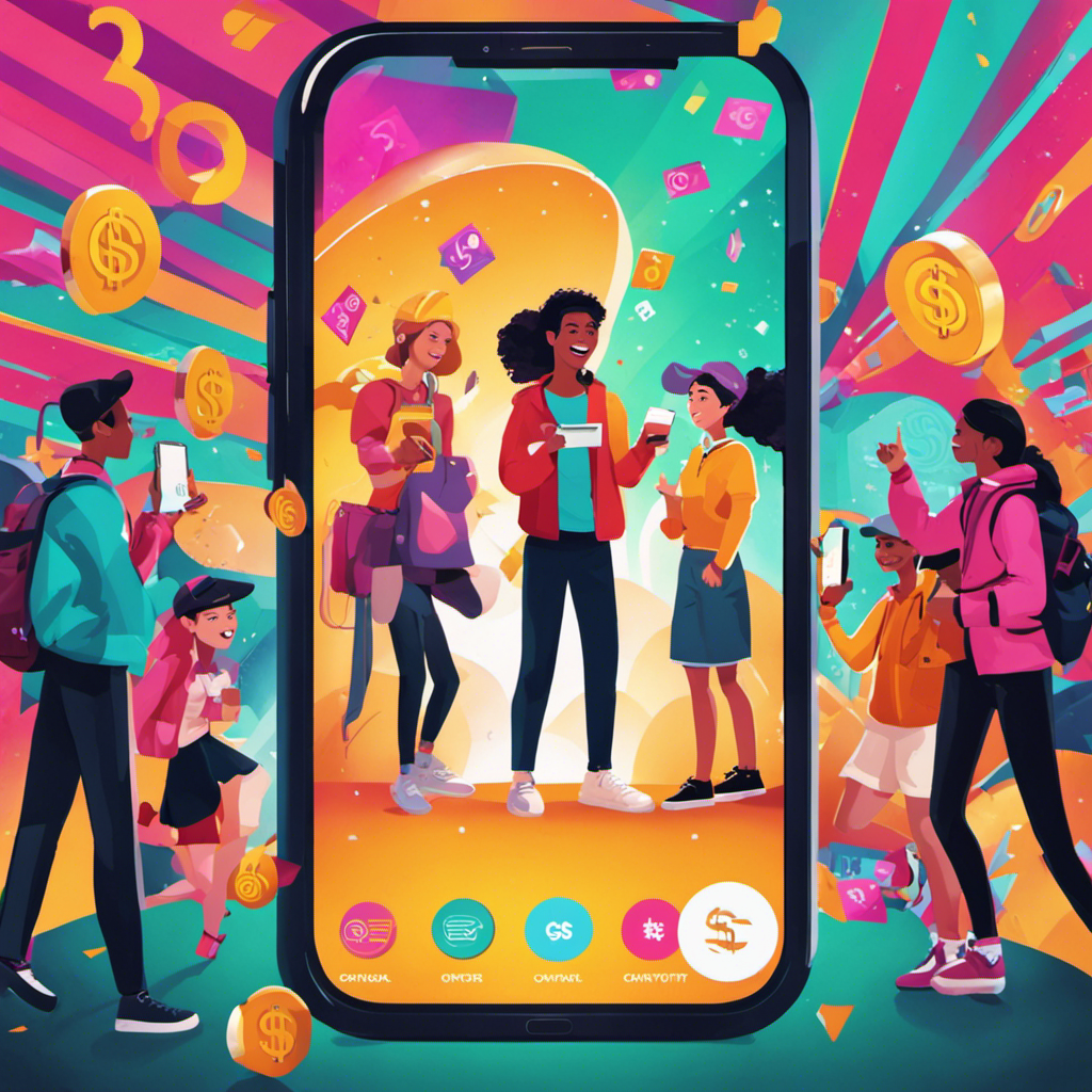 An image showcasing a vibrant smartphone with the OneOpinion logo on its screen, surrounded by excited teenagers