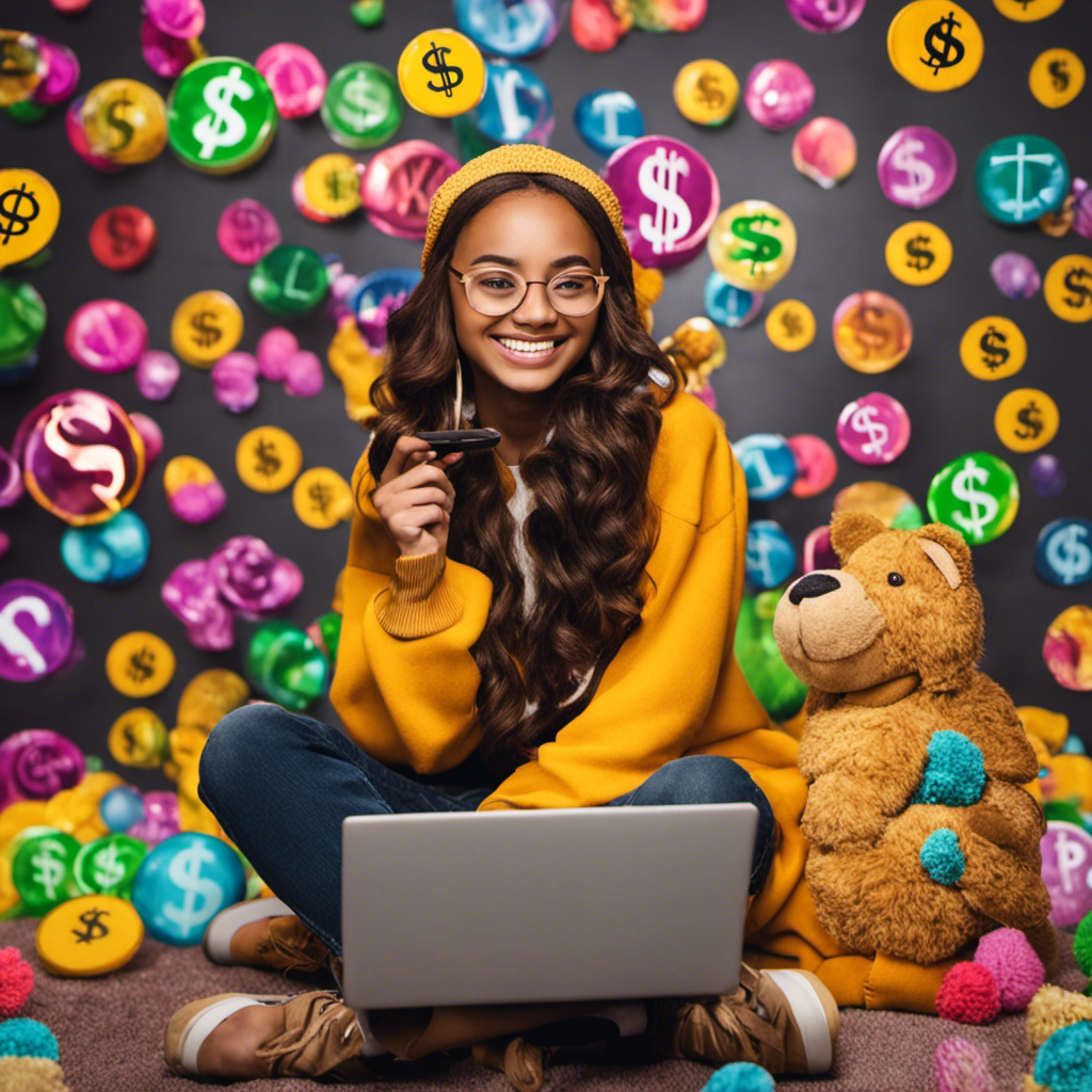 An image showcasing a cheerful teenager sitting comfortably with a laptop, surrounded by vibrant dollar signs and engaging survey icons, symbolizing the exciting opportunities InboxDollars offers to teens for daily income