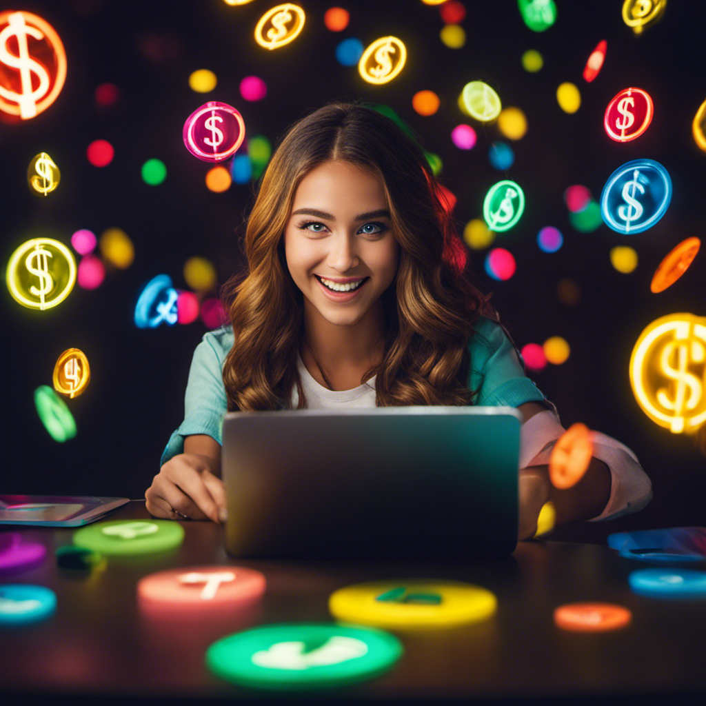 An image showcasing a vibrant teenage girl comfortably seated at her desk, excitedly engaging with her phone while surrounded by colorful dollar signs, representing SurveySavvy as the ultimate platform for teens to earn money daily