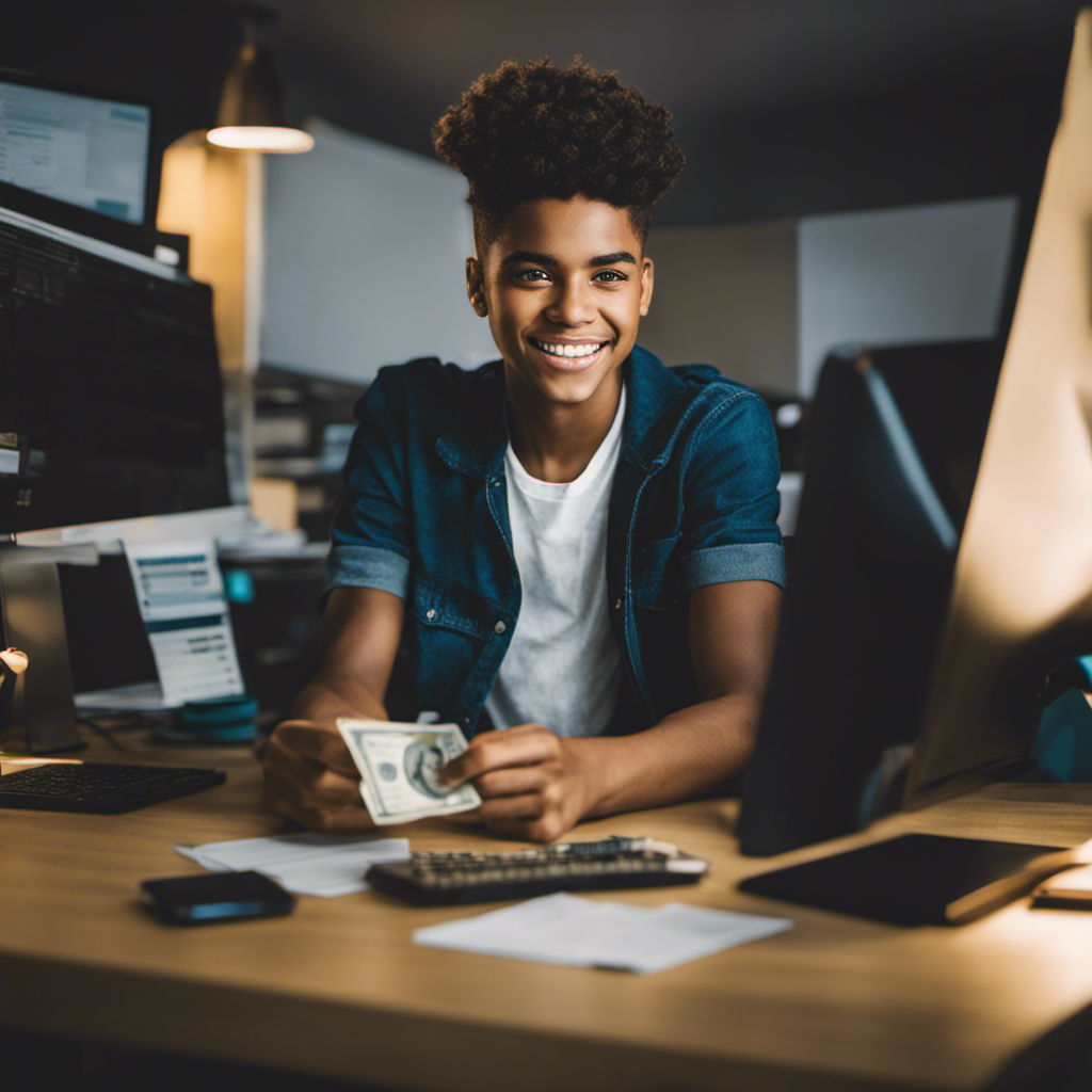 An image showcasing a teenager sitting at a desk, immersed in a computer screen displaying the Swagbucks website