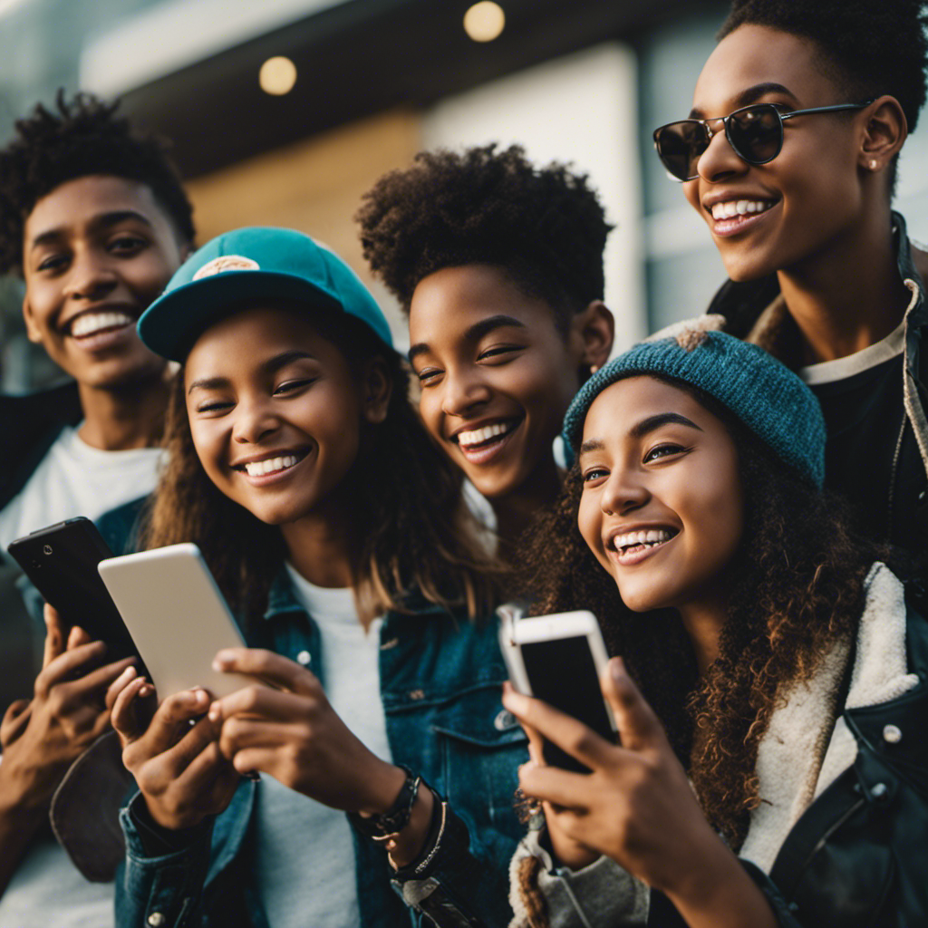 An image showcasing a diverse group of enthusiastic teenagers, each holding a tablet or smartphone with the Survey Junkie app displayed on their screens