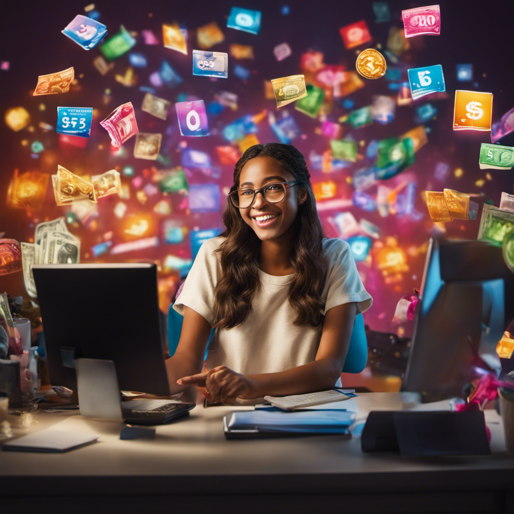 An image showcasing a teenage girl sitting at her desk, surrounded by colorful survey icons on her computer screen, as she excitedly counts money with a big smile on her face