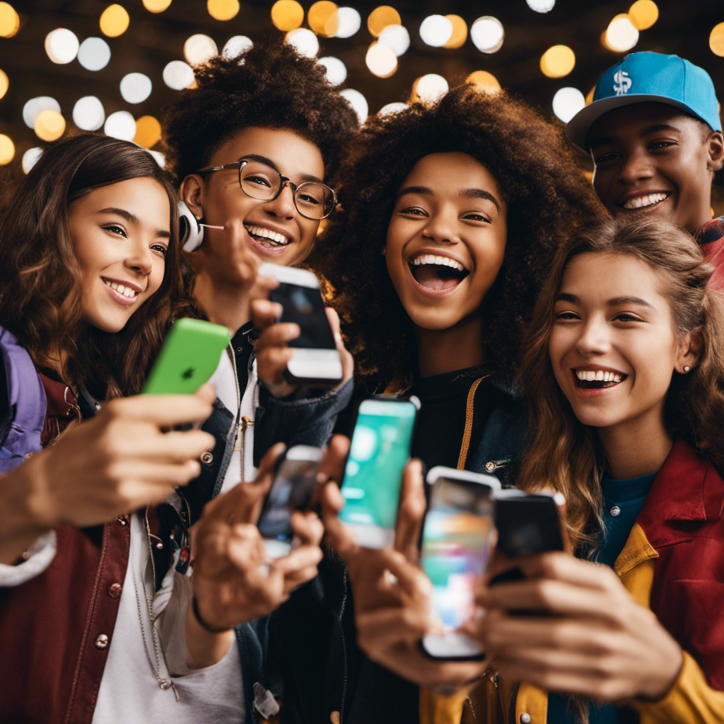 An image showcasing a diverse group of enthusiastic teens, each holding smartphones displaying the I-Say (Ipsos) app