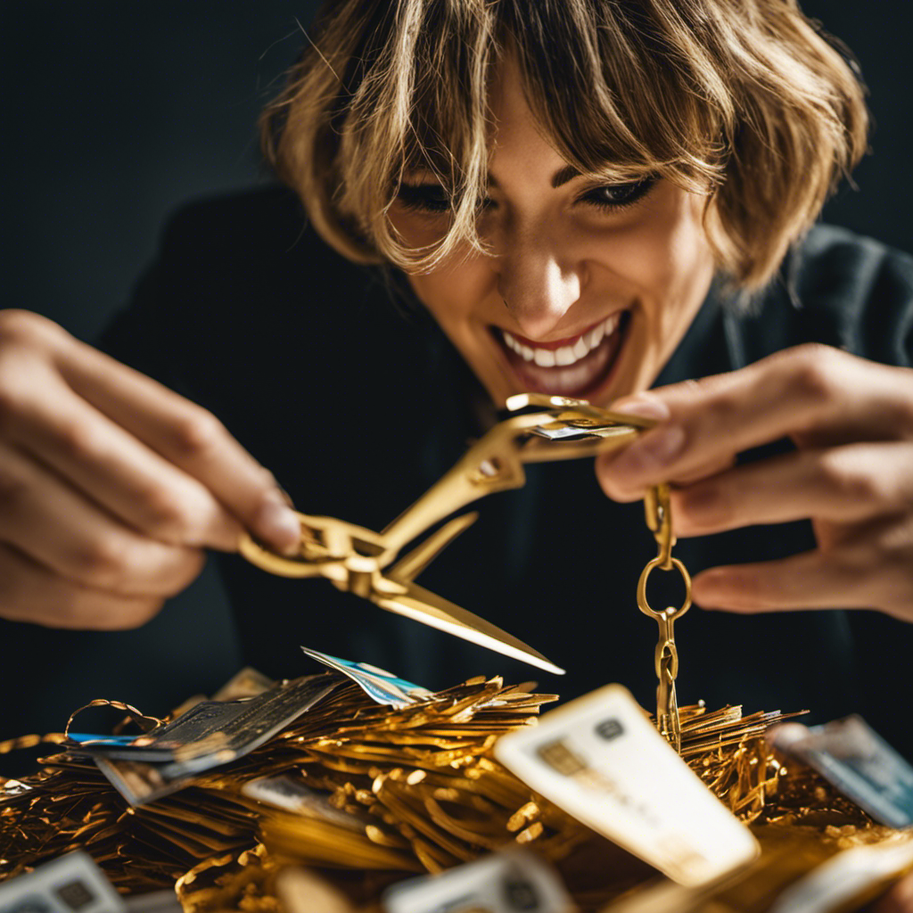 An image depicting a person joyfully cutting through chains of debt with a pair of golden scissors, surrounded by a pile of shredded credit cards and bills, symbolizing the empowering strategies for achieving financial liberation