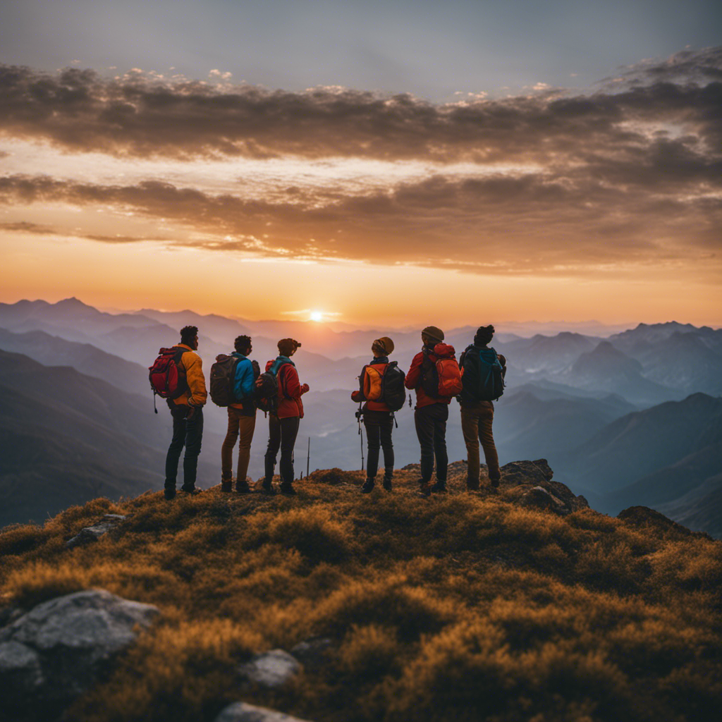 An image of a diverse group of individuals standing on a mountain peak, gazing at a vibrant sunset